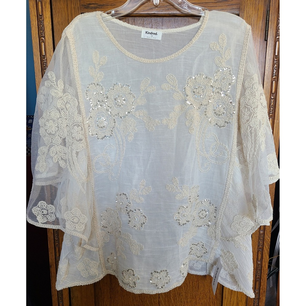Kindred Women Ivory Cotton Embroidered Sequin Lace Mesh Bell Sleeve Blouse NWT